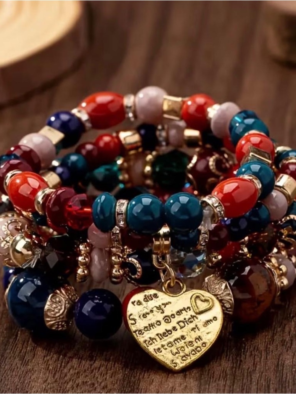 4 Piece Colorful Boho Beaded Bracelet Set With Gold Hart Charms